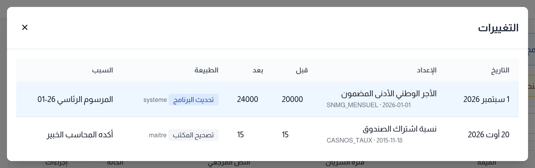نافذة التغييرات: التاريخ والإعداد والقيمة قبل وبعد وطبيعة كل تغيير وسببه