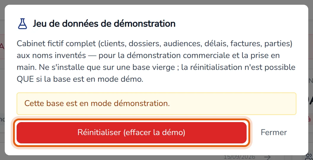 Fenêtre Jeu de données de démonstration sur une base en mode démo, bouton Réinitialiser encadré