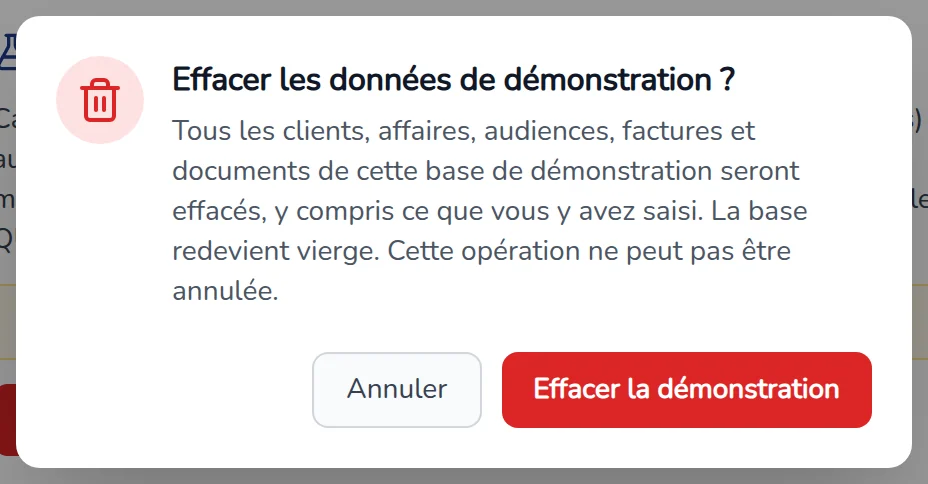 Boîte Effacer les données de démonstration ? avec les boutons Effacer la démonstration et Annuler