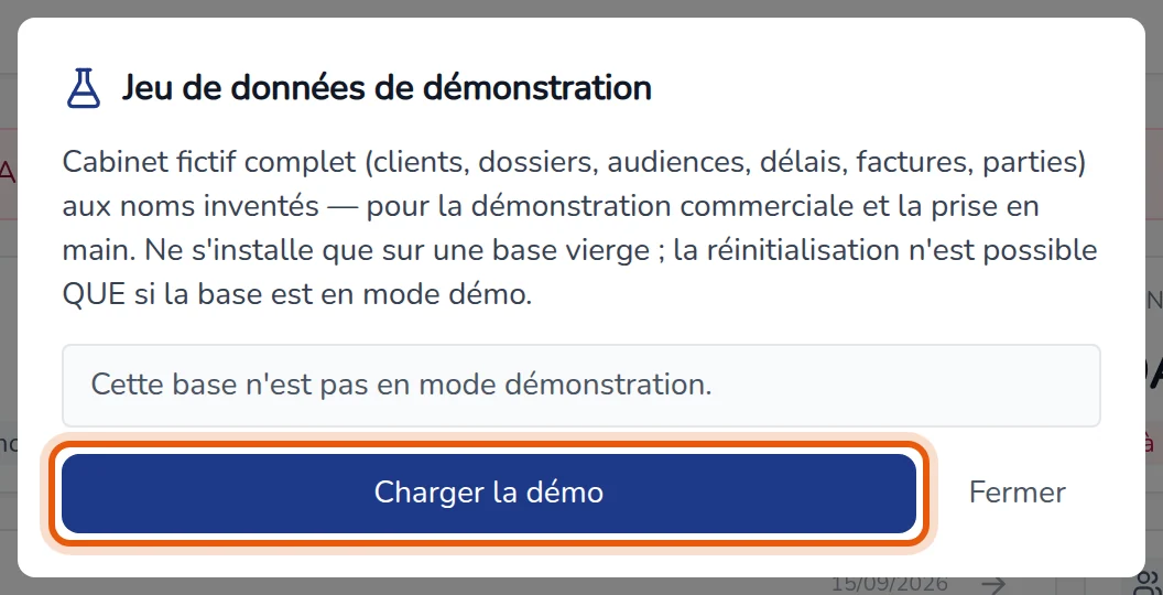 Fenêtre Jeu de données de démonstration sur une base vierge, bouton Charger la démo encadré