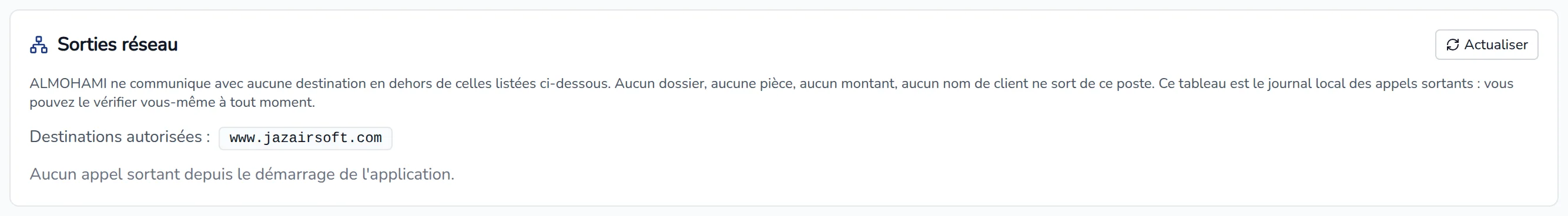 Bloc Sorties réseau : destinations autorisées et journal des appels sortants