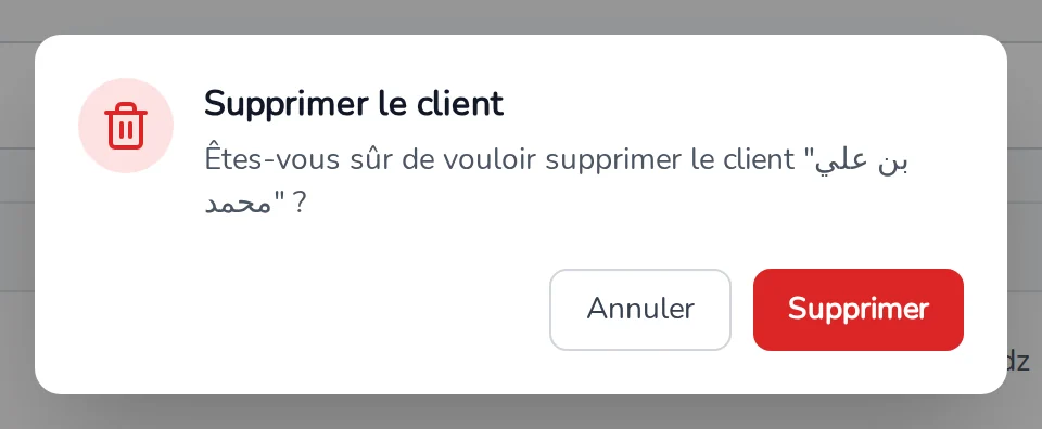 Boîte Supprimer le client demandant confirmation, avec les boutons Supprimer et Annuler