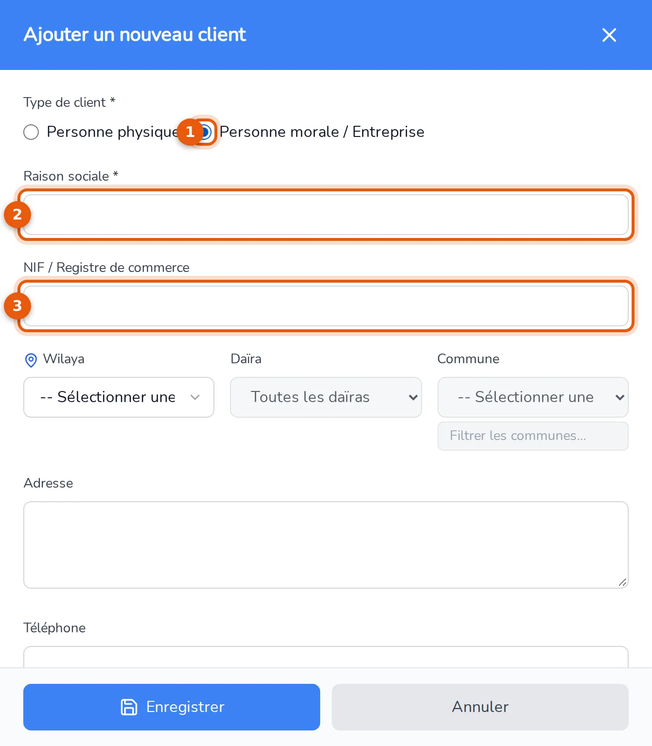 Panneau du client en personne morale : type, raison sociale et NIF / Registre de commerce numérotés de 1 à 3