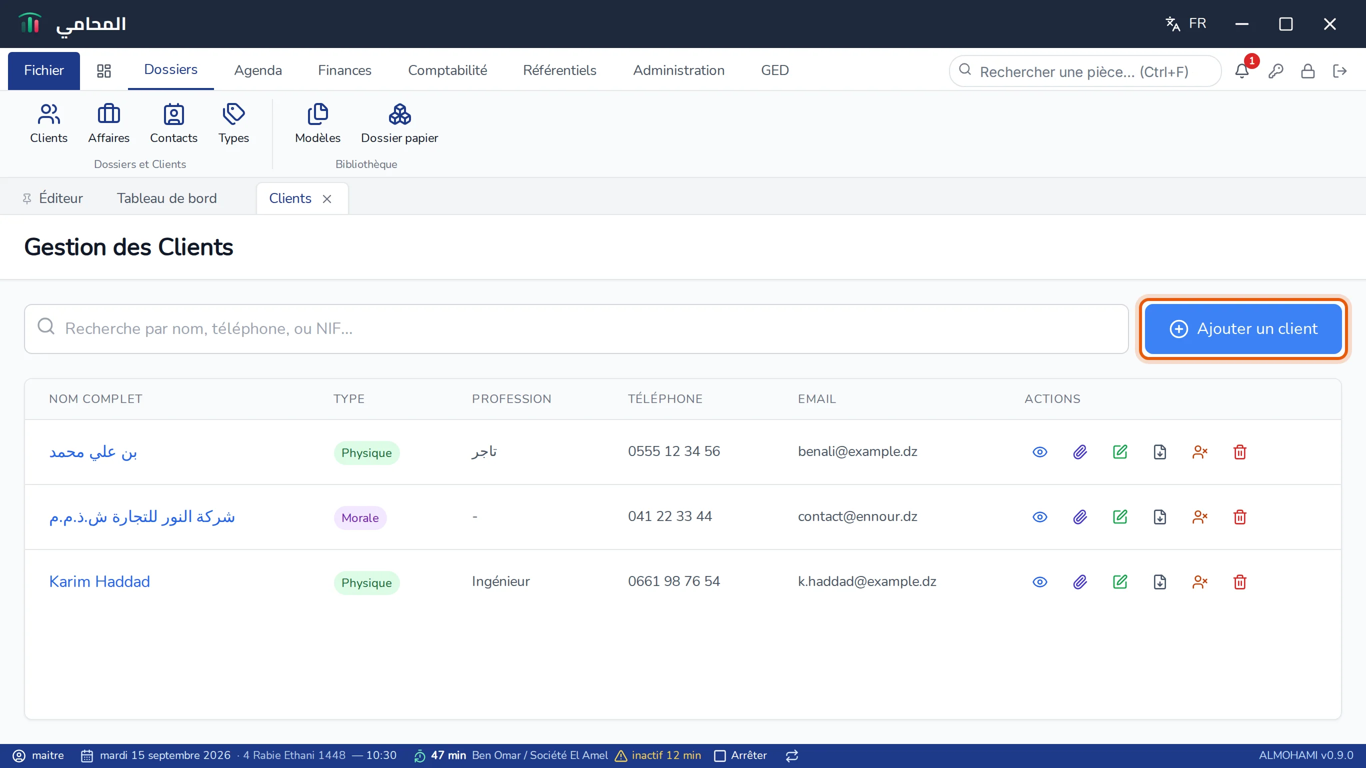Écran Gestion des Clients : barre de recherche, bouton Ajouter un client encadré et liste des clients