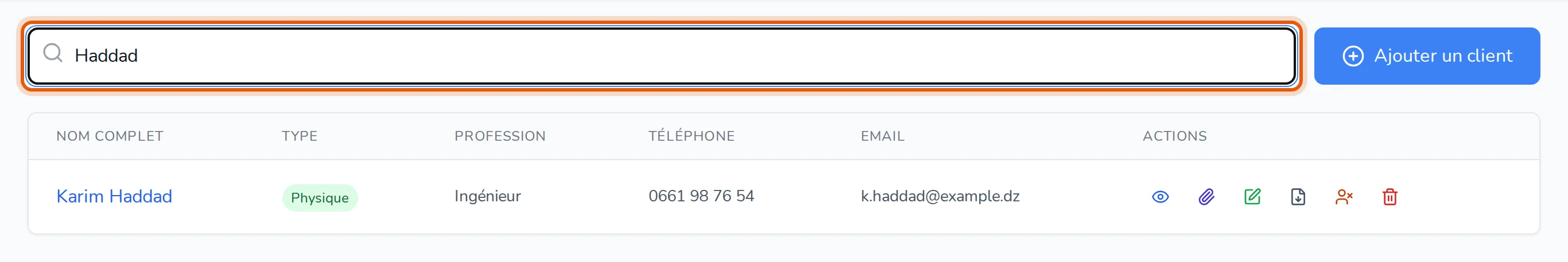 Barre de recherche du client contenant « Haddad » et la liste réduite au seul client correspondant