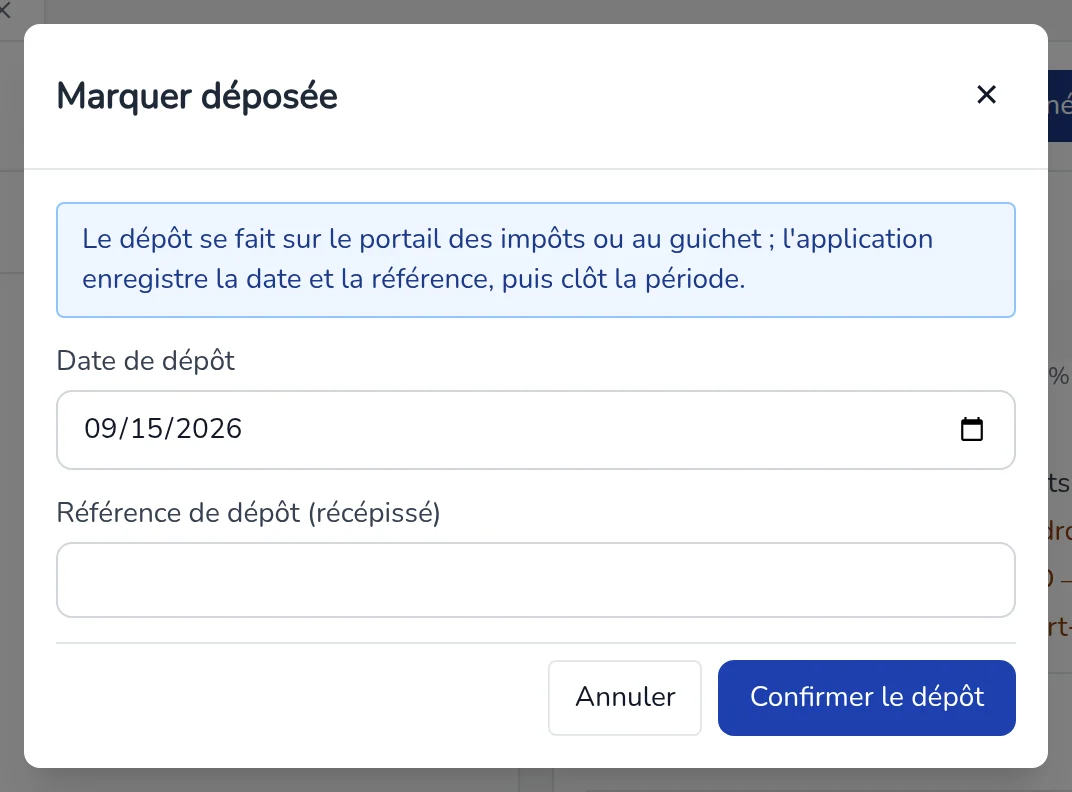 Fenêtre Marquer déposée : rappel, date de dépôt et référence de dépôt