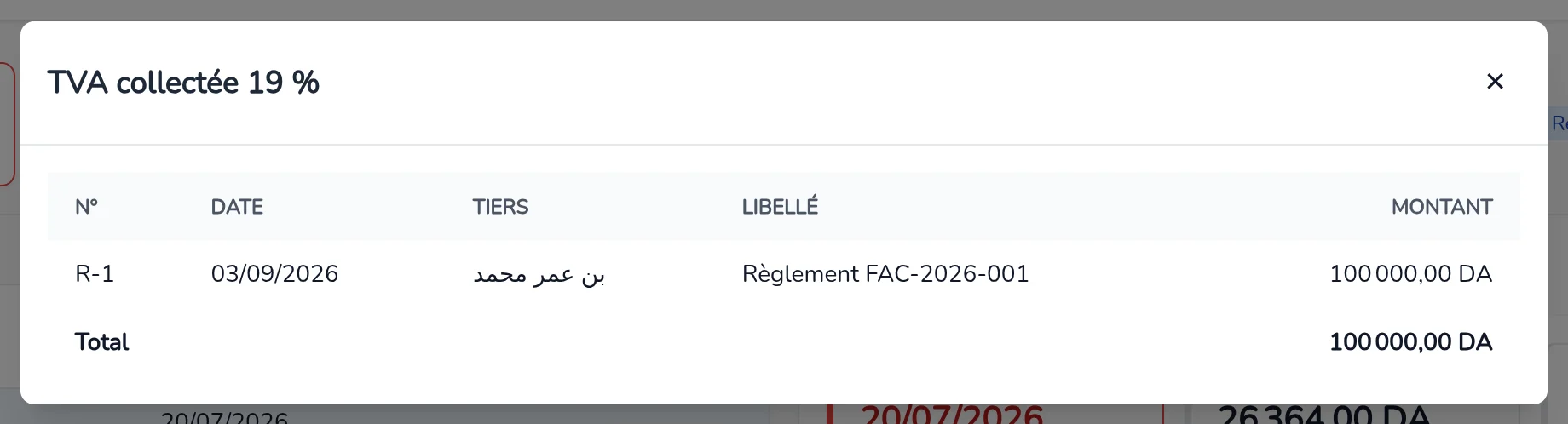 Fenêtre des écritures d'une rubrique : numéro, date, tiers, libellé et montant, avec le total