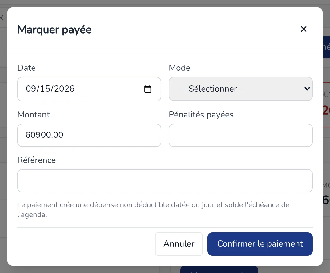 Fenêtre Marquer payée : date, mode, montant, pénalités payées et référence