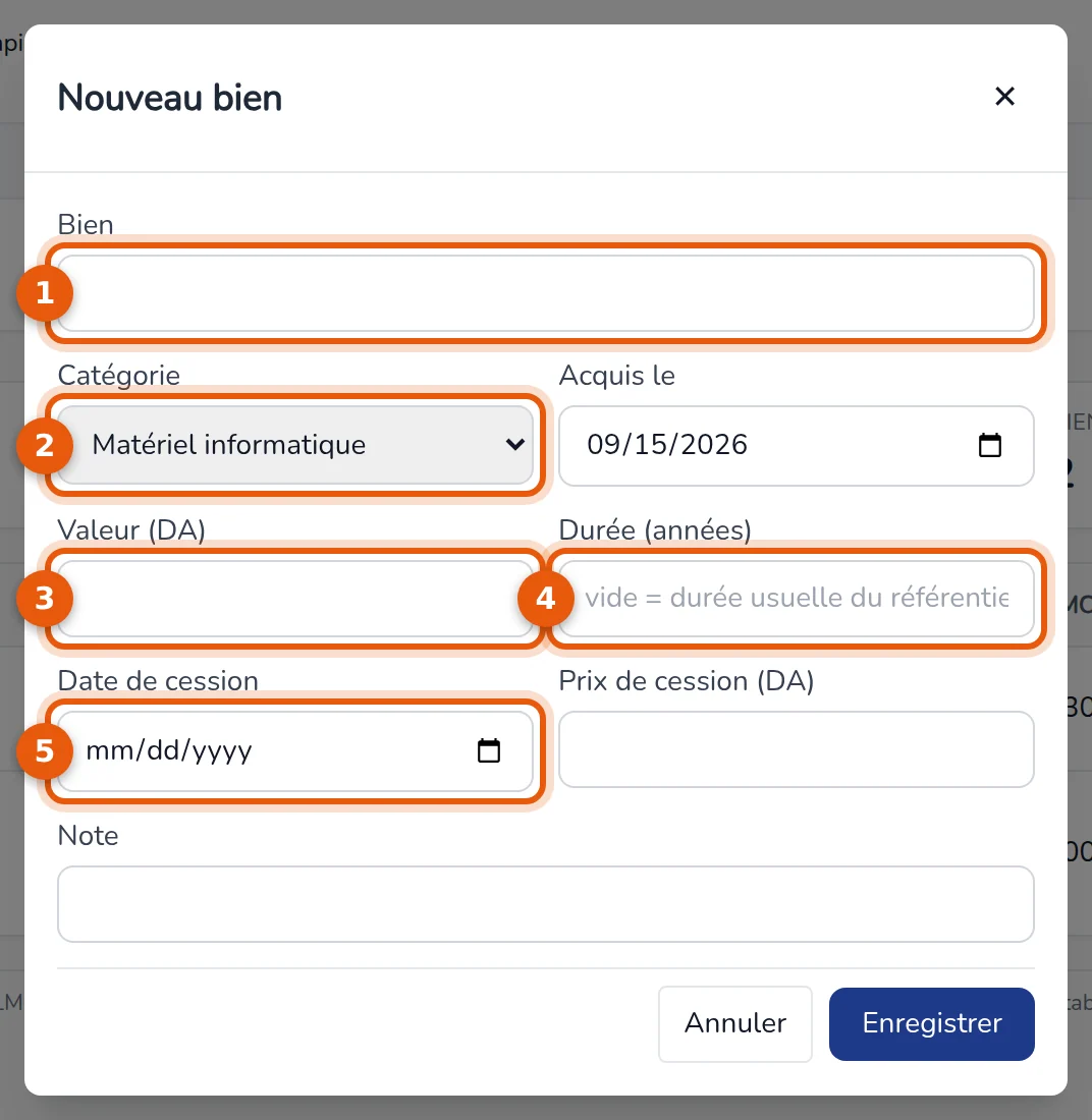 Fenêtre Nouveau bien : bien, catégorie, valeur, durée et date de cession numérotés de 1 à 5