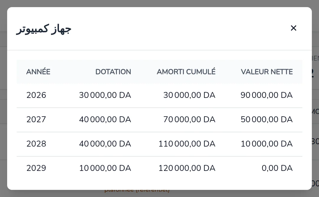 Plan d'amortissement d'un bien : année, dotation, amorti cumulé et valeur nette