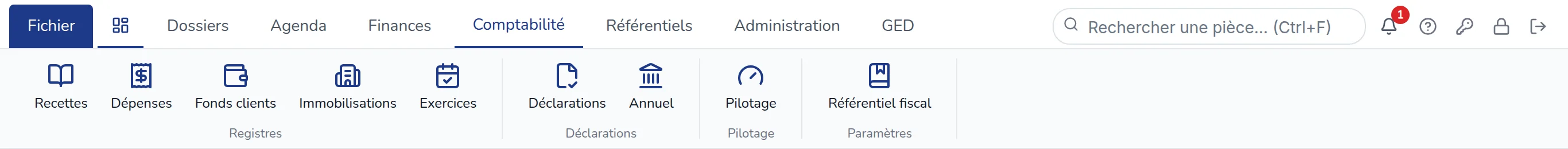 Ruban Comptabilité : groupes Registres, Déclarations, Pilotage et Paramètres
