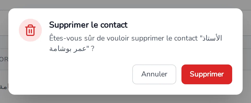 Boîte Supprimer le contact demandant confirmation, avec les boutons Supprimer et Annuler
