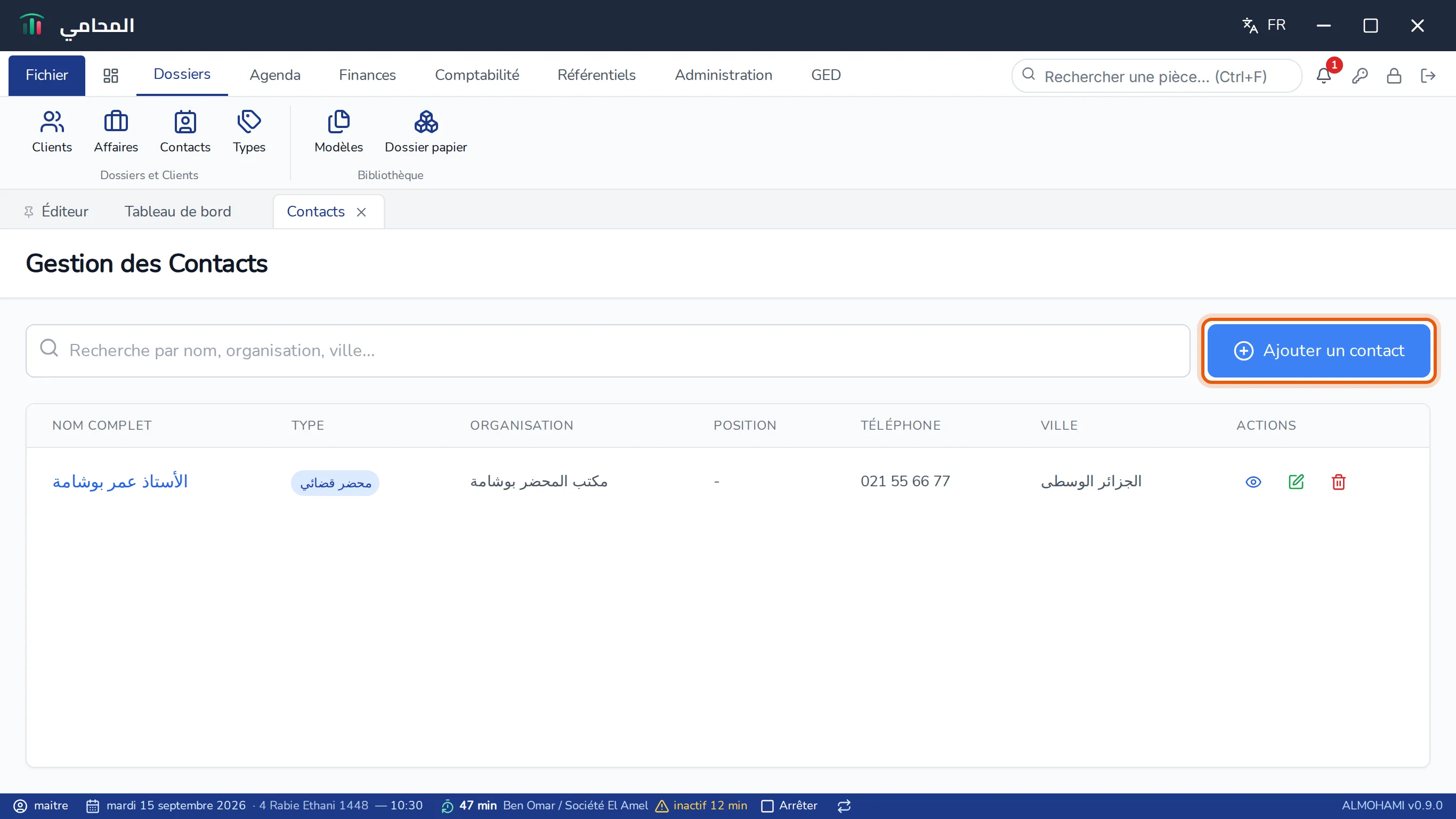 Écran Gestion des Contacts : recherche, bouton Ajouter un contact encadré et liste des contacts