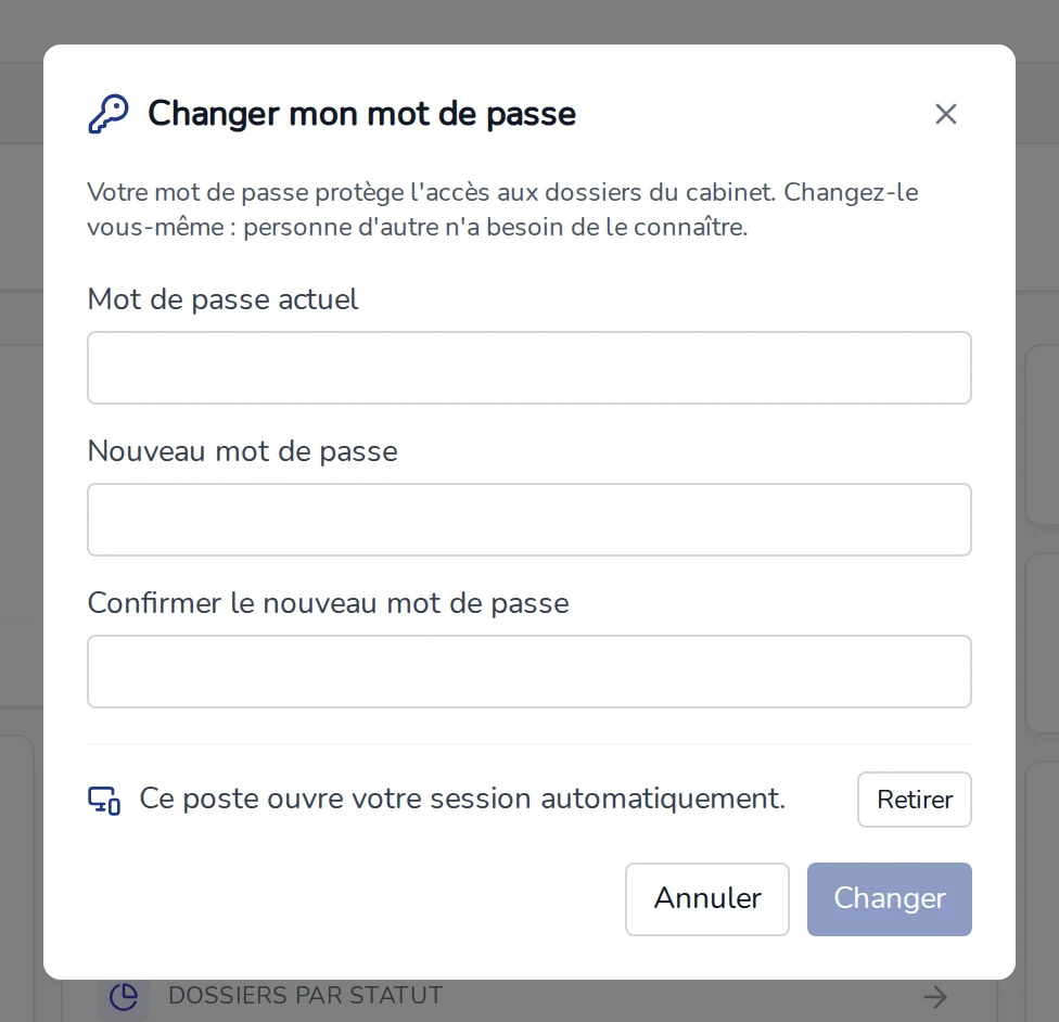 Fenêtre Changer mon mot de passe : mot de passe actuel, nouveau, confirmation