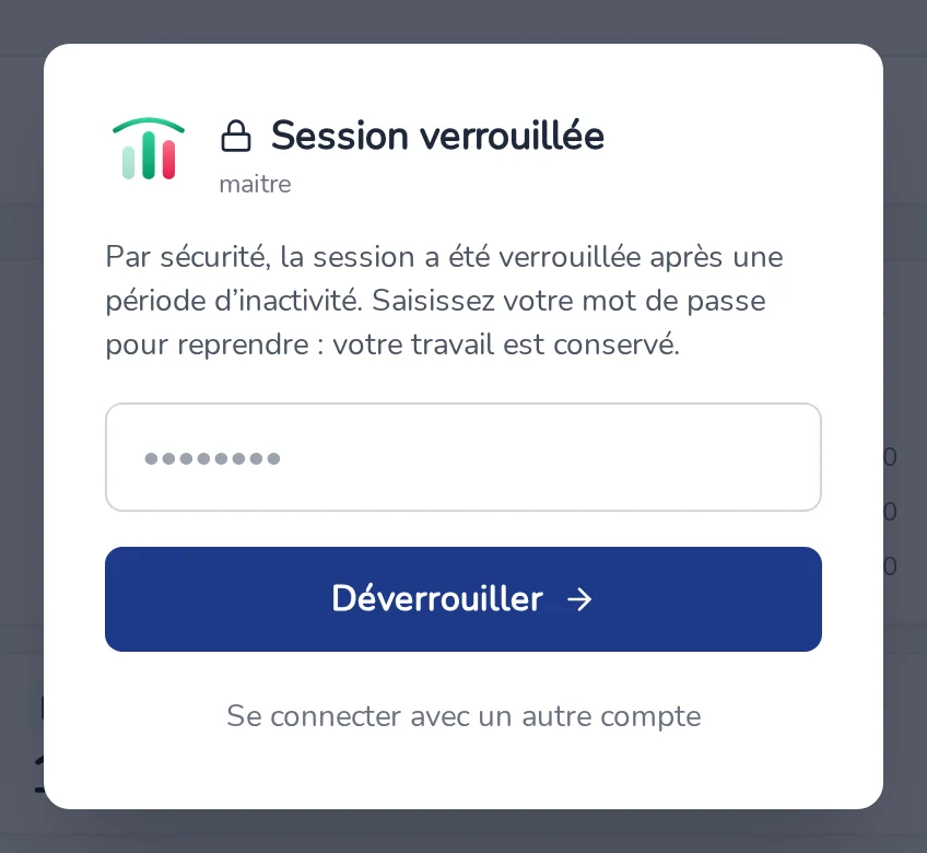 Fenêtre Session verrouillée : mot de passe et bouton Déverrouiller