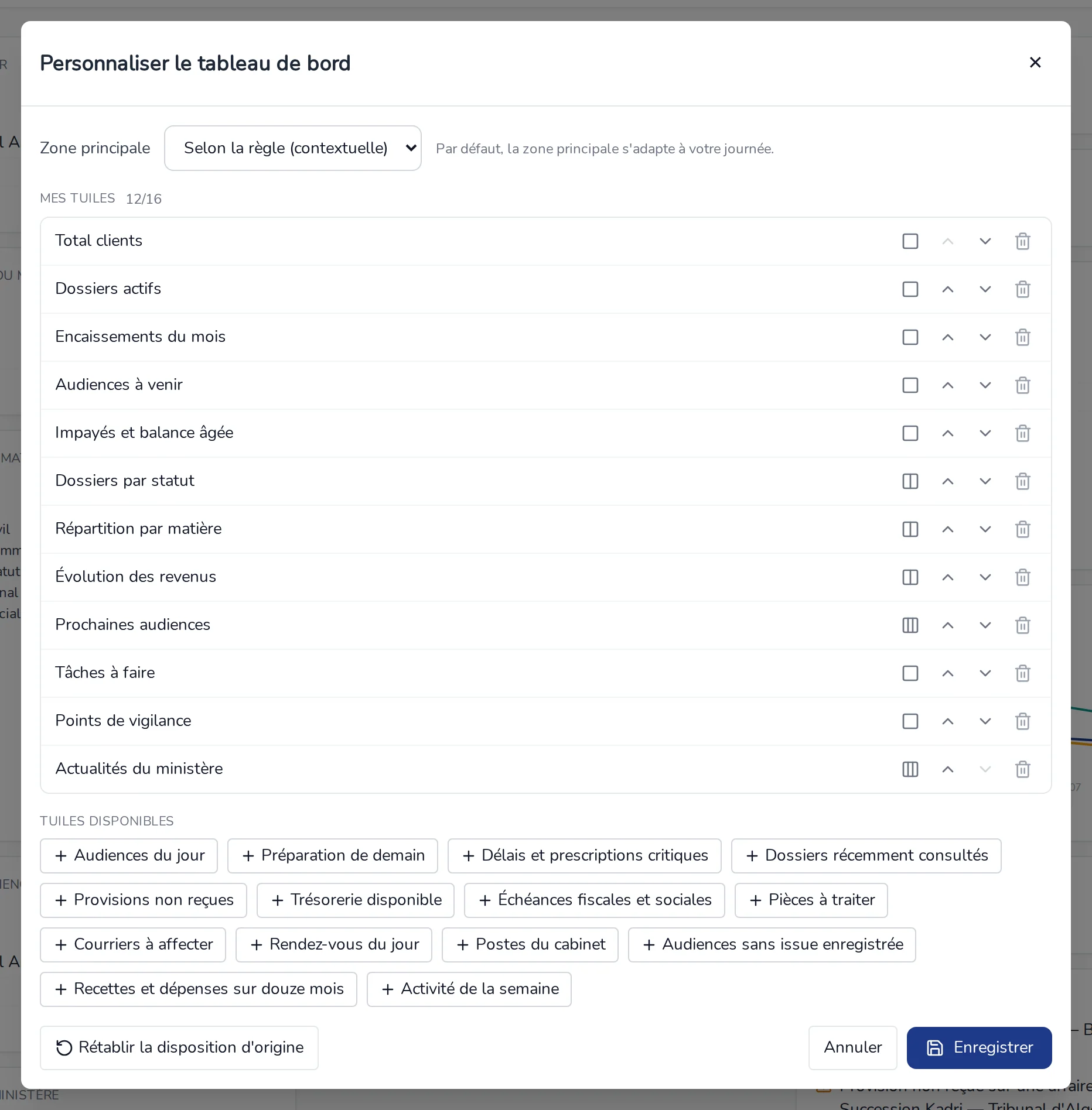 Fenêtre Personnaliser le tableau de bord : zone principale, mes tuiles, tuiles disponibles