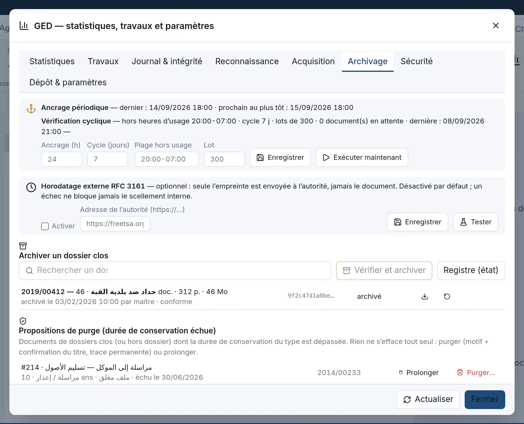 Onglet Archivage : ancrage et vérification périodiques, horodatage externe, archivage d'un dossier clos et propositions de purge