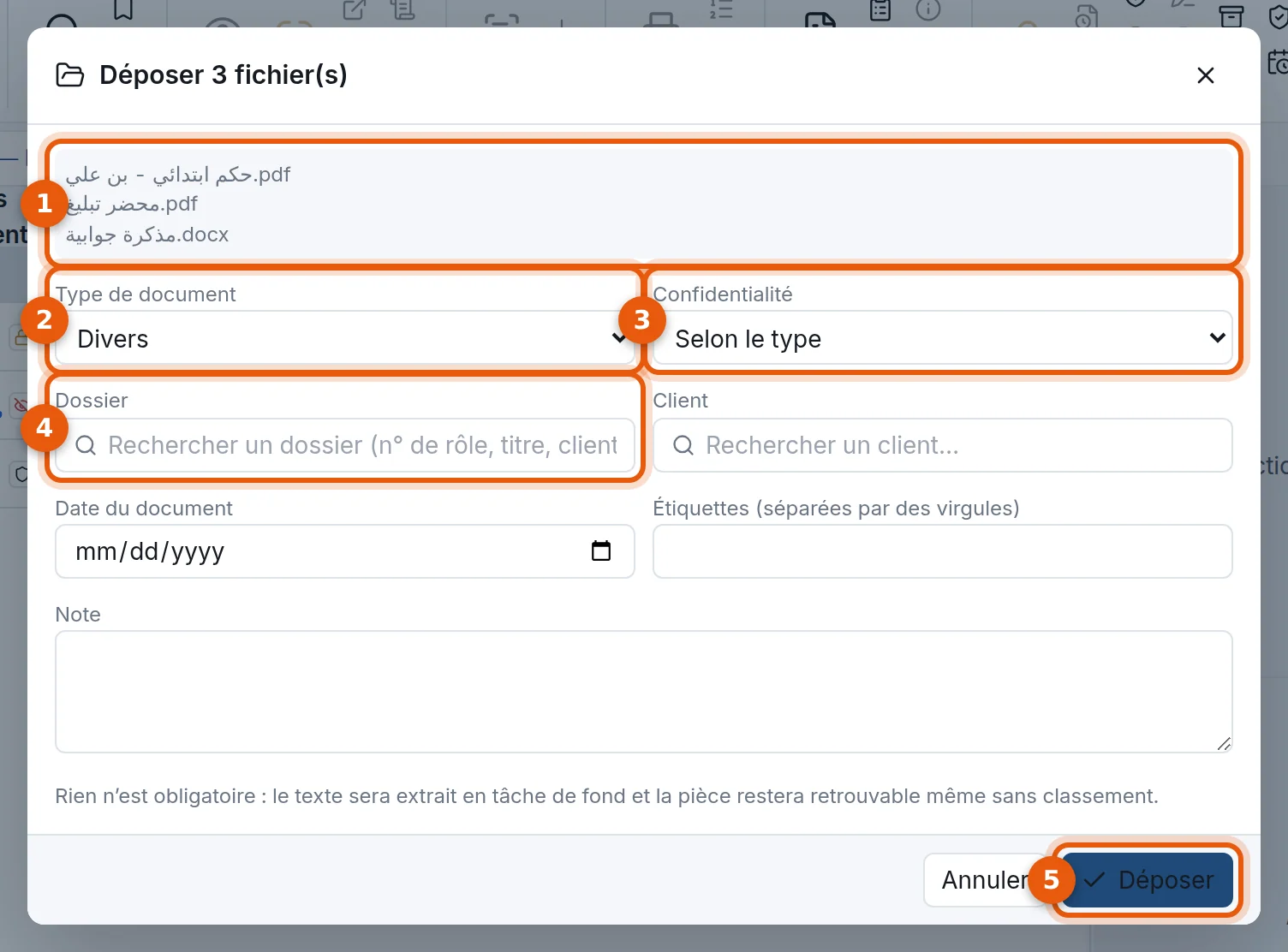 Fenêtre de dépôt de trois fichiers : liste des fichiers, type, confidentialité, dossier et bouton Déposer