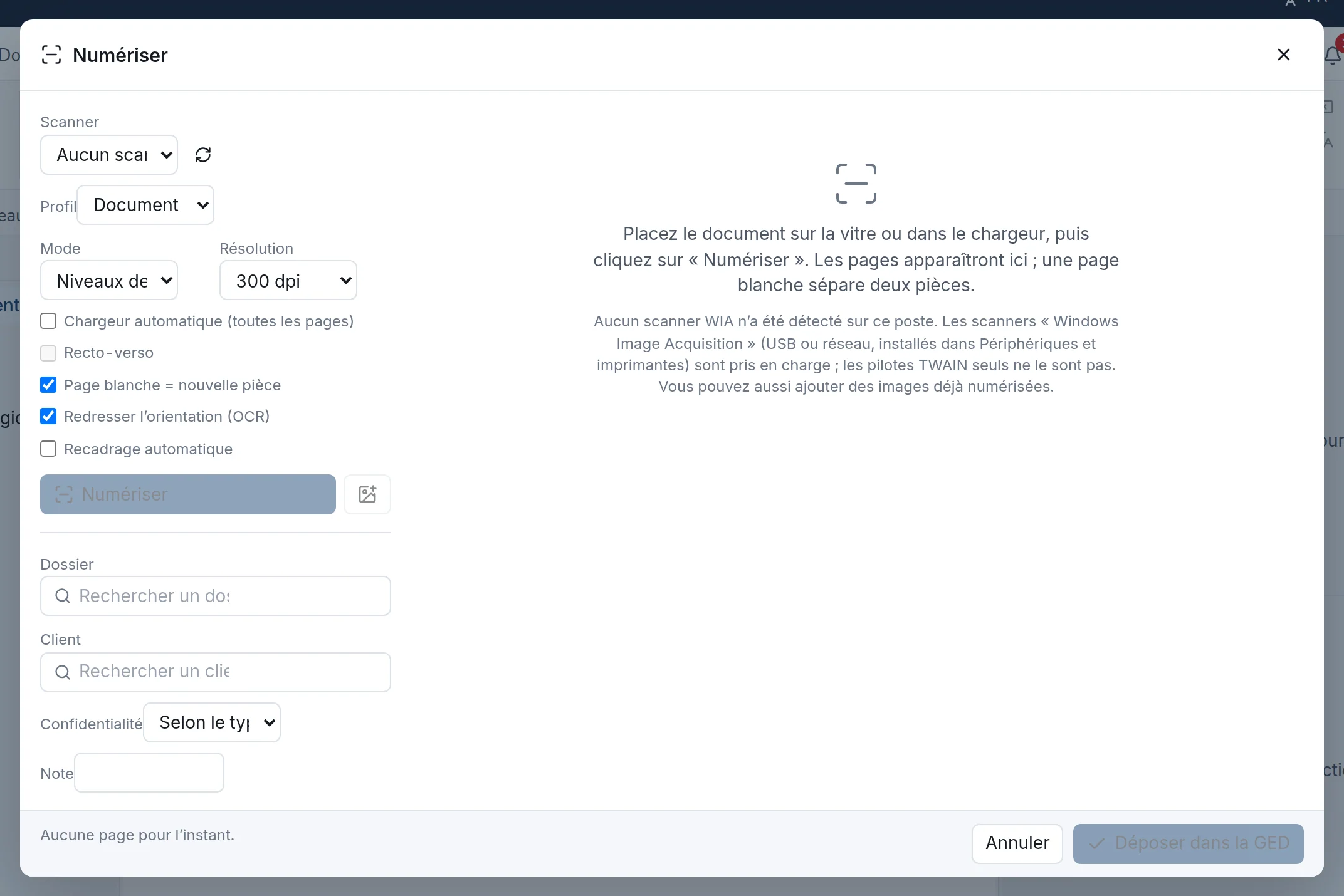 Fenêtre Numérisation : scanner, profil, mode, résolution et options