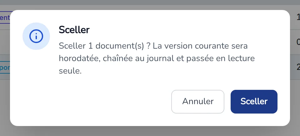 Confirmation « Sceller 1 document(s) ? »
