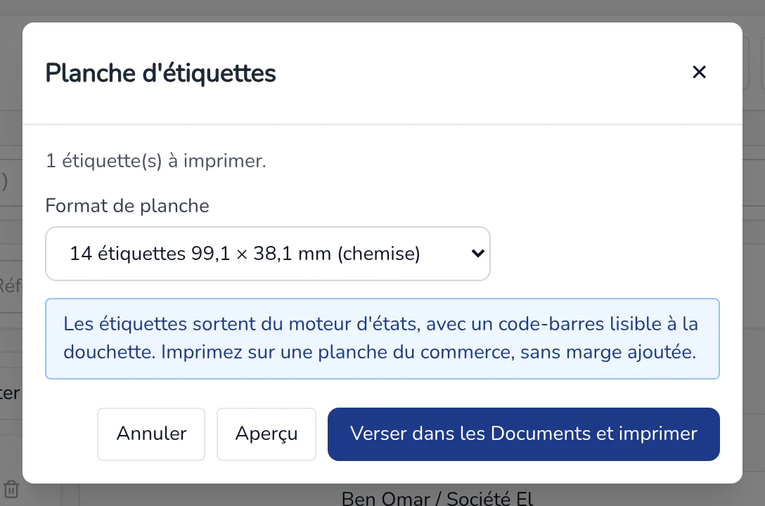 Fenêtre Planche d'étiquettes : nombre d'étiquettes, format de planche, boutons Aperçu et Verser dans les Documents et imprimer