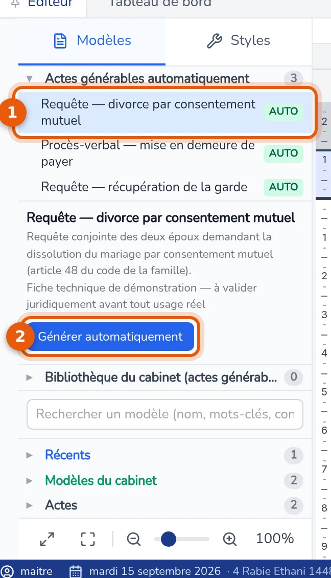 Branche Actes générables automatiquement dépliée : un type d'acte sélectionné et le bouton Générer automatiquement numérotés 1 et 2