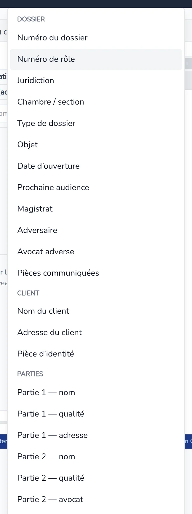 Menu Champ ouvert : groupes Dossier, Client et Parties avec leurs champs