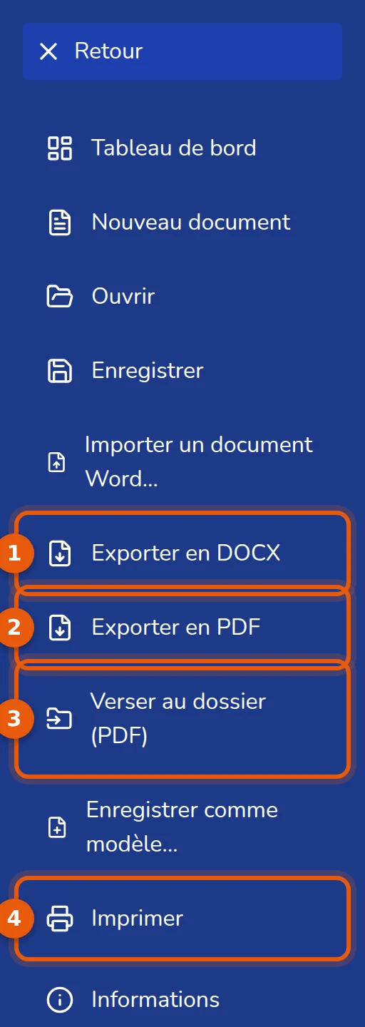 Menu Fichier : Exporter en DOCX, Exporter en PDF, Verser au dossier (PDF) et Imprimer numérotés de 1 à 4