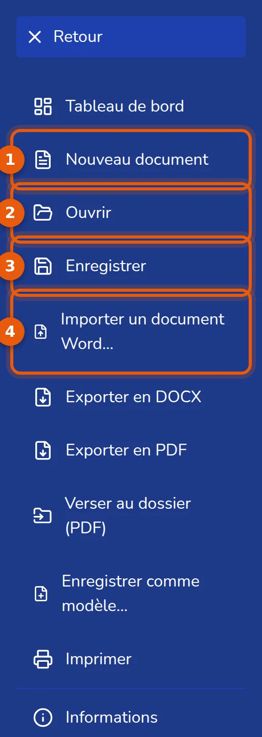 Menu Fichier : Nouveau document, Ouvrir, Enregistrer et Importer un document Word numérotés de 1 à 4