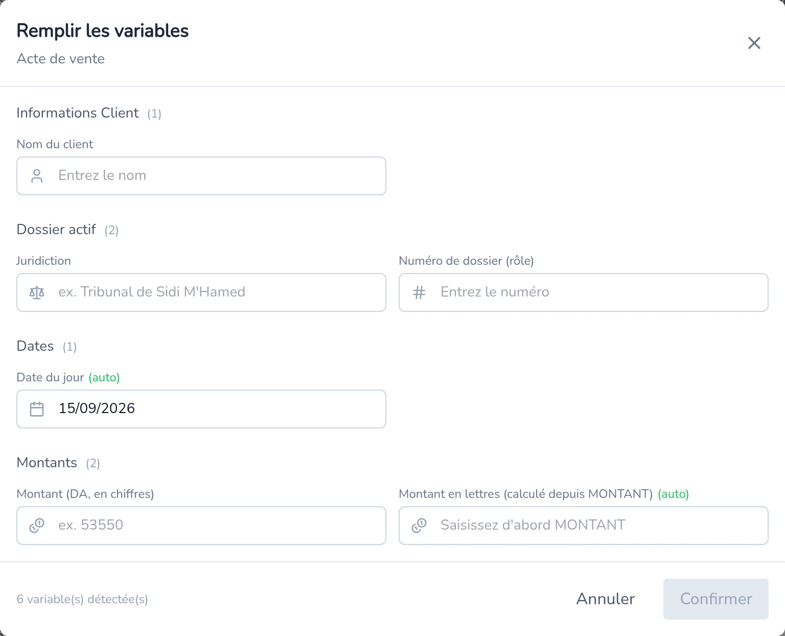 Fenêtre Remplir les variables : informations du client, dossier actif, dates et montants