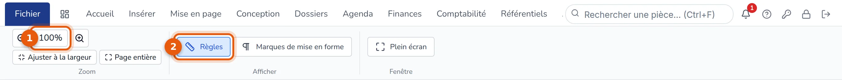 Ruban Affichage : niveau de zoom et bouton Règles numérotés 1 et 2