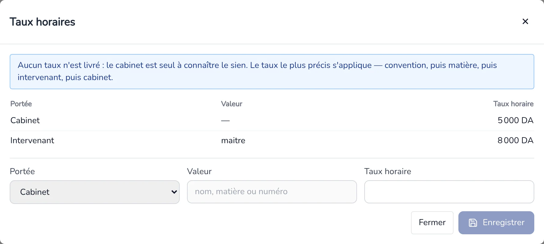 Fenêtre Taux horaires : taux enregistrés et formulaire Portée, Valeur, Taux horaire