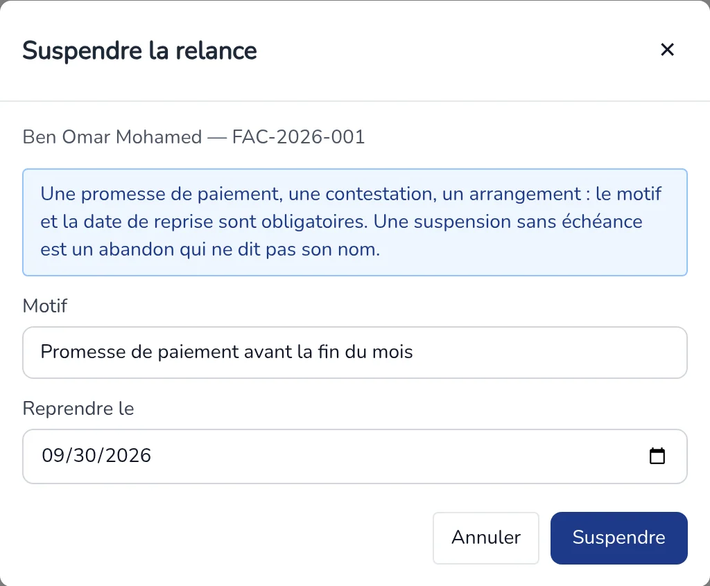 Fenêtre Suspendre la relance : motif et date de reprise