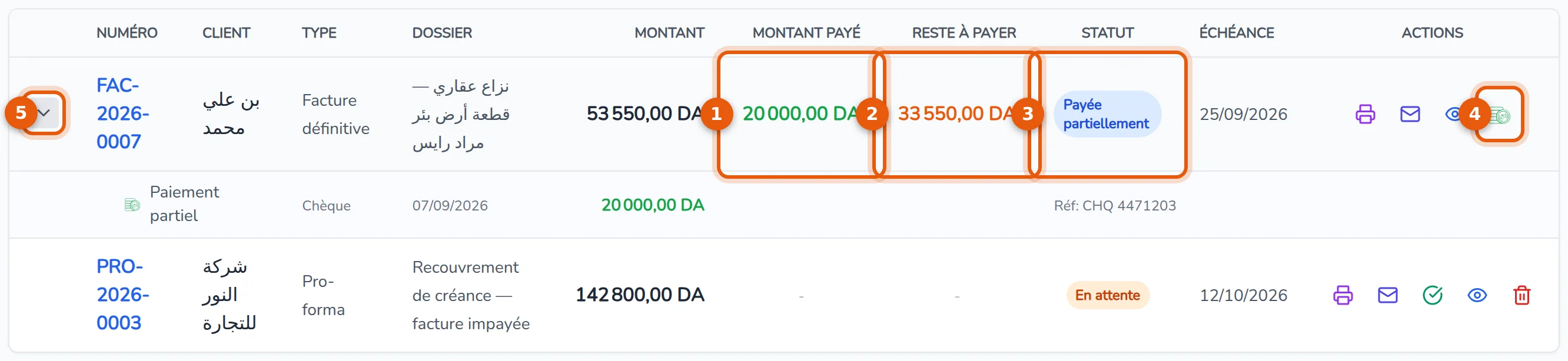 Registre des factures : colonnes Montant payé, Reste à payer, Statut et bouton Enregistrer un règlement, numérotés de 1 à 5, un règlement déplié sous la facture