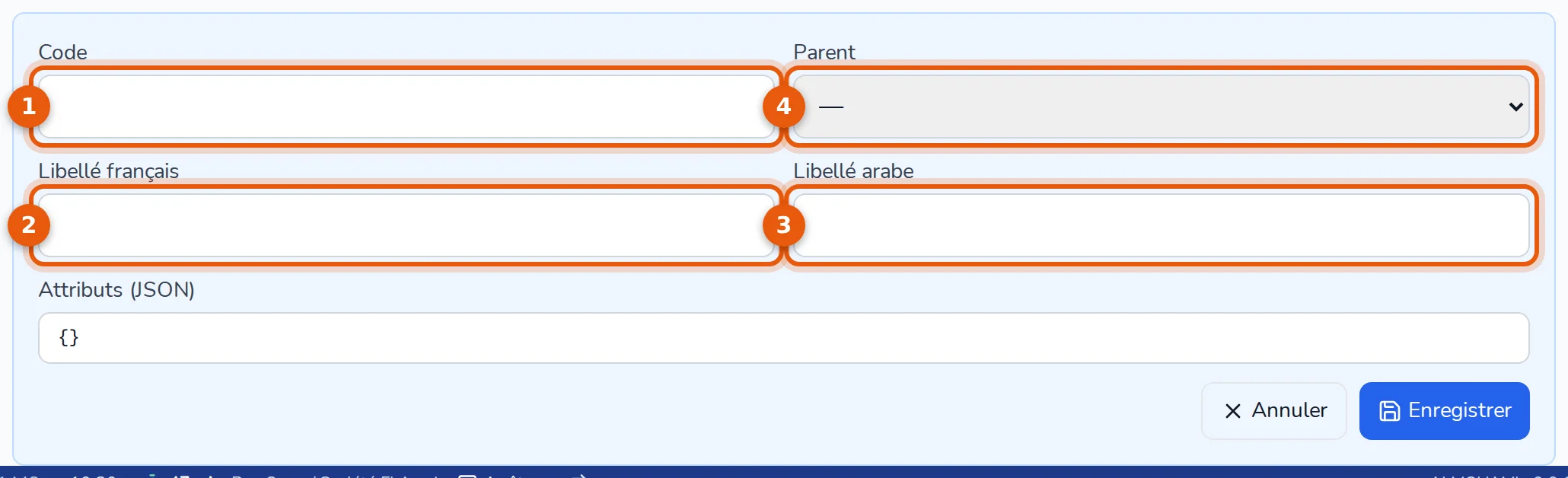 Formulaire d'une entrée de liste : code, parent, libellé français, libellé arabe, attributs