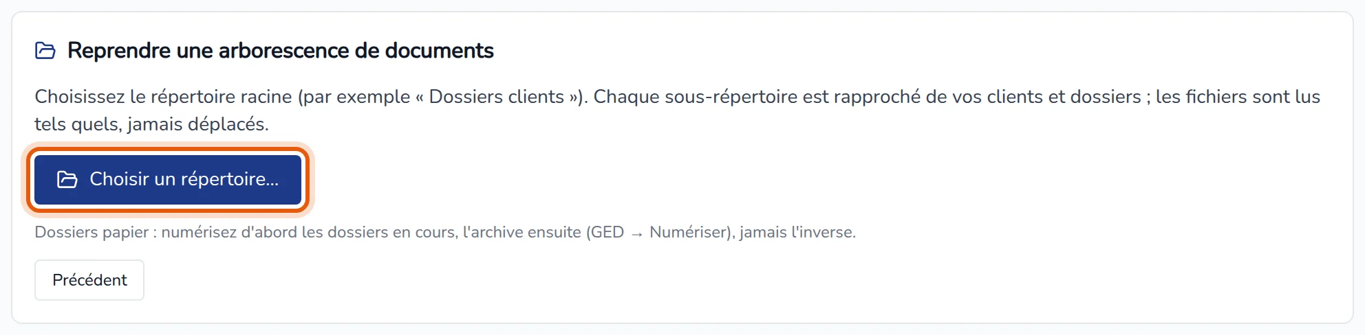 Bloc Reprendre une arborescence de documents : explication et bouton Choisir un répertoire