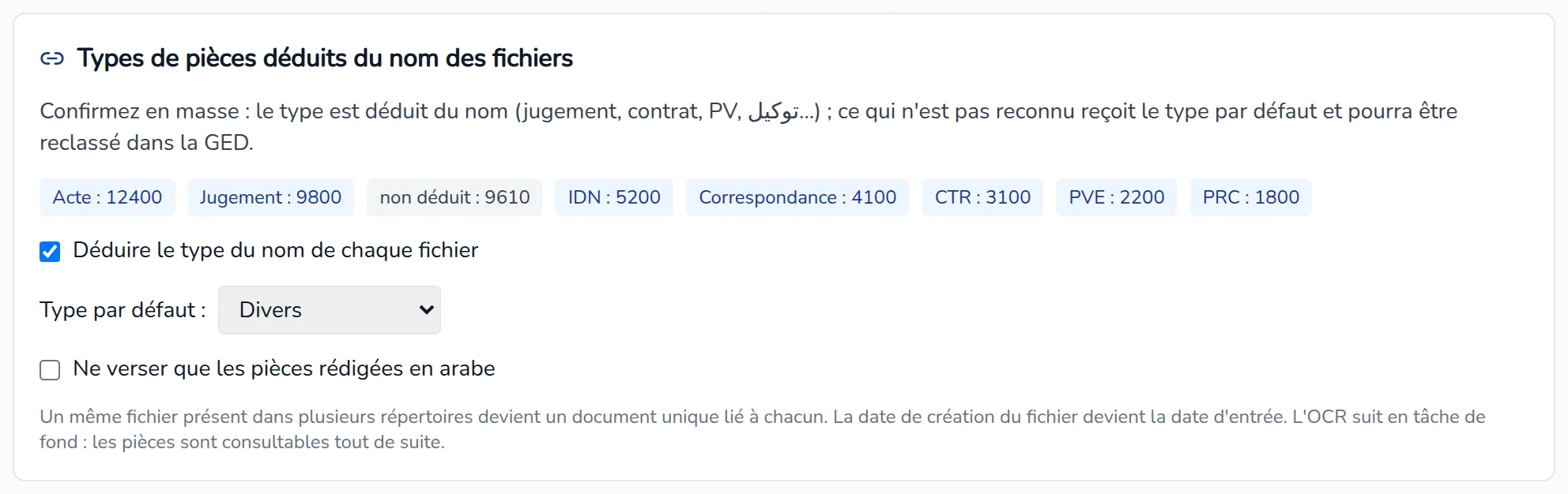 Types de pièces déduits du nom des fichiers : compteurs par type, options de déduction, type par défaut et restriction aux pièces en arabe