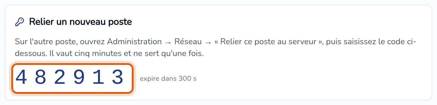 Bloc Relier un nouveau poste : code d'appairage à six chiffres et compte à rebours
