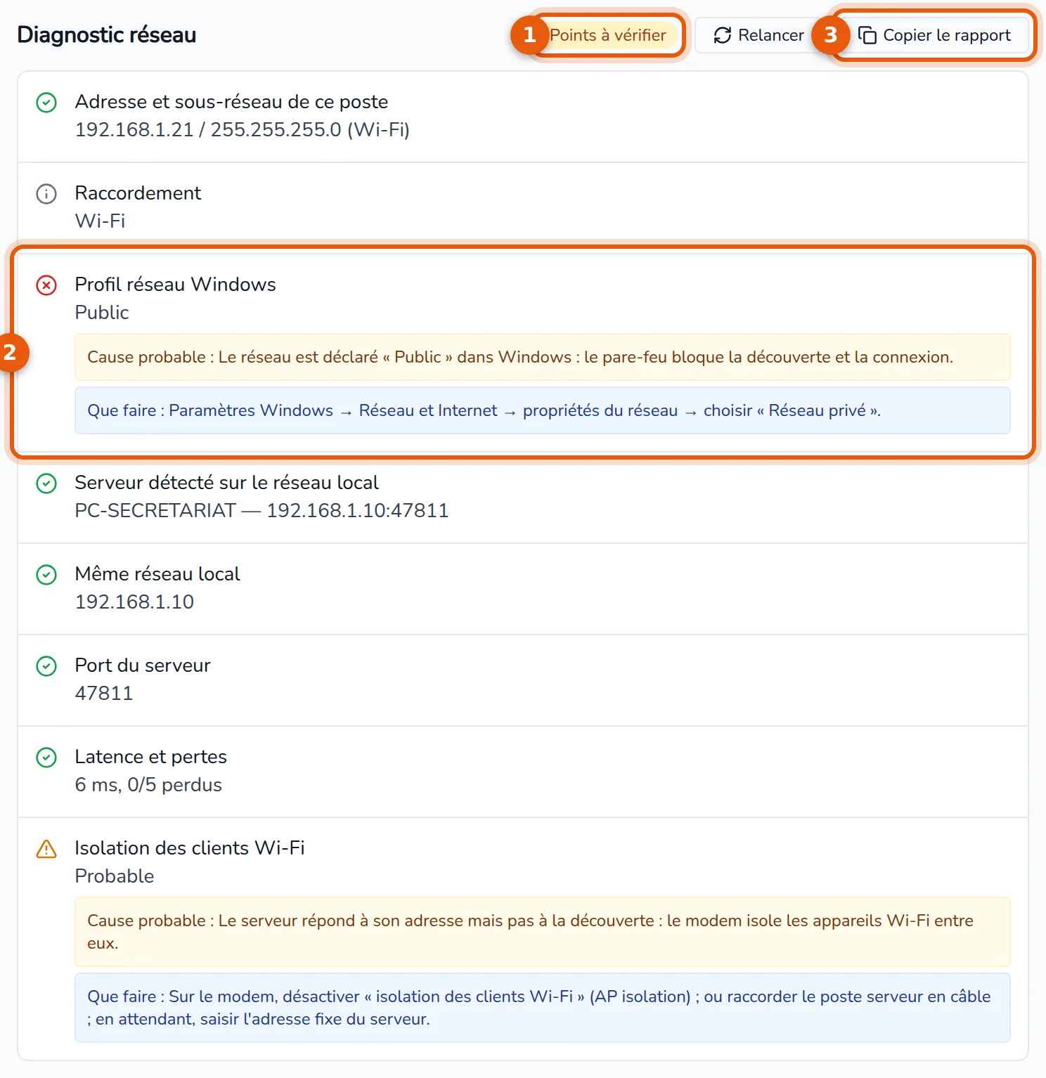 Diagnostic réseau : verdict, ligne en échec avec sa cause probable et son action, bouton Copier le rapport numérotés de 1 à 3