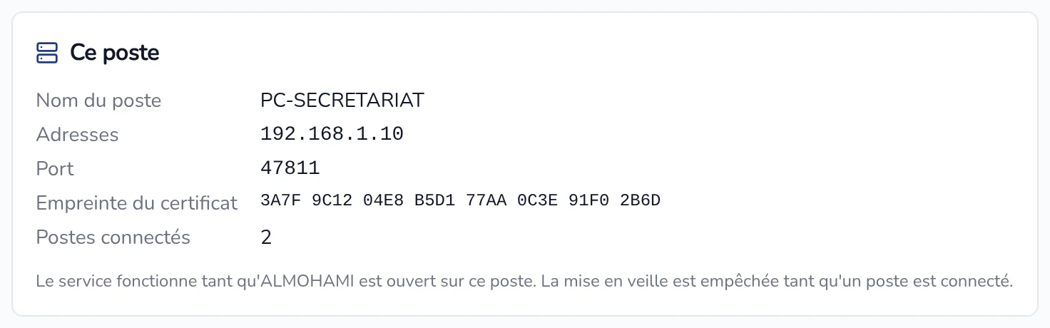 Bloc Ce poste : nom du poste, adresses, port, empreinte du certificat et postes connectés